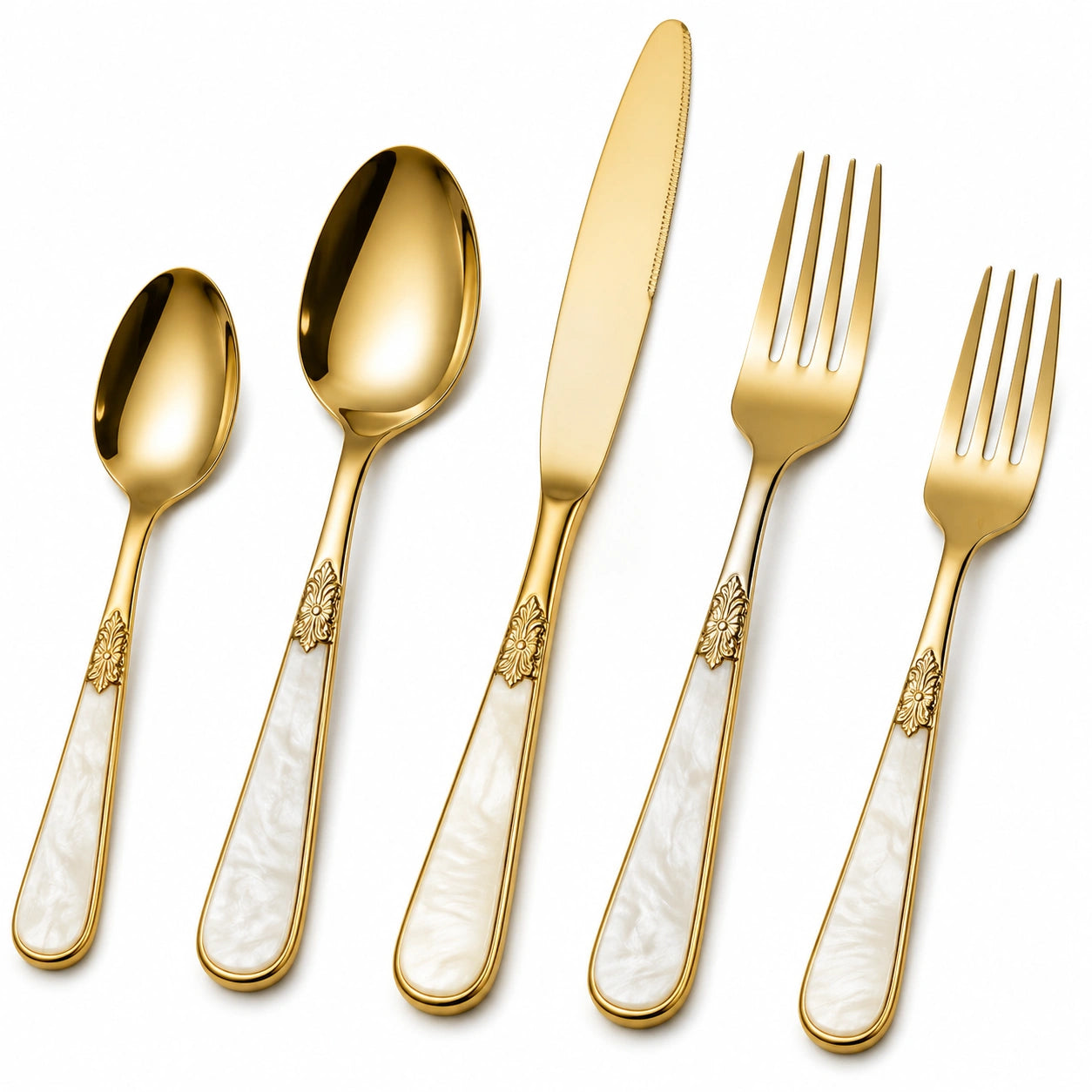 5-teiliges Goldbesteckset mit Perlmuttgriffen