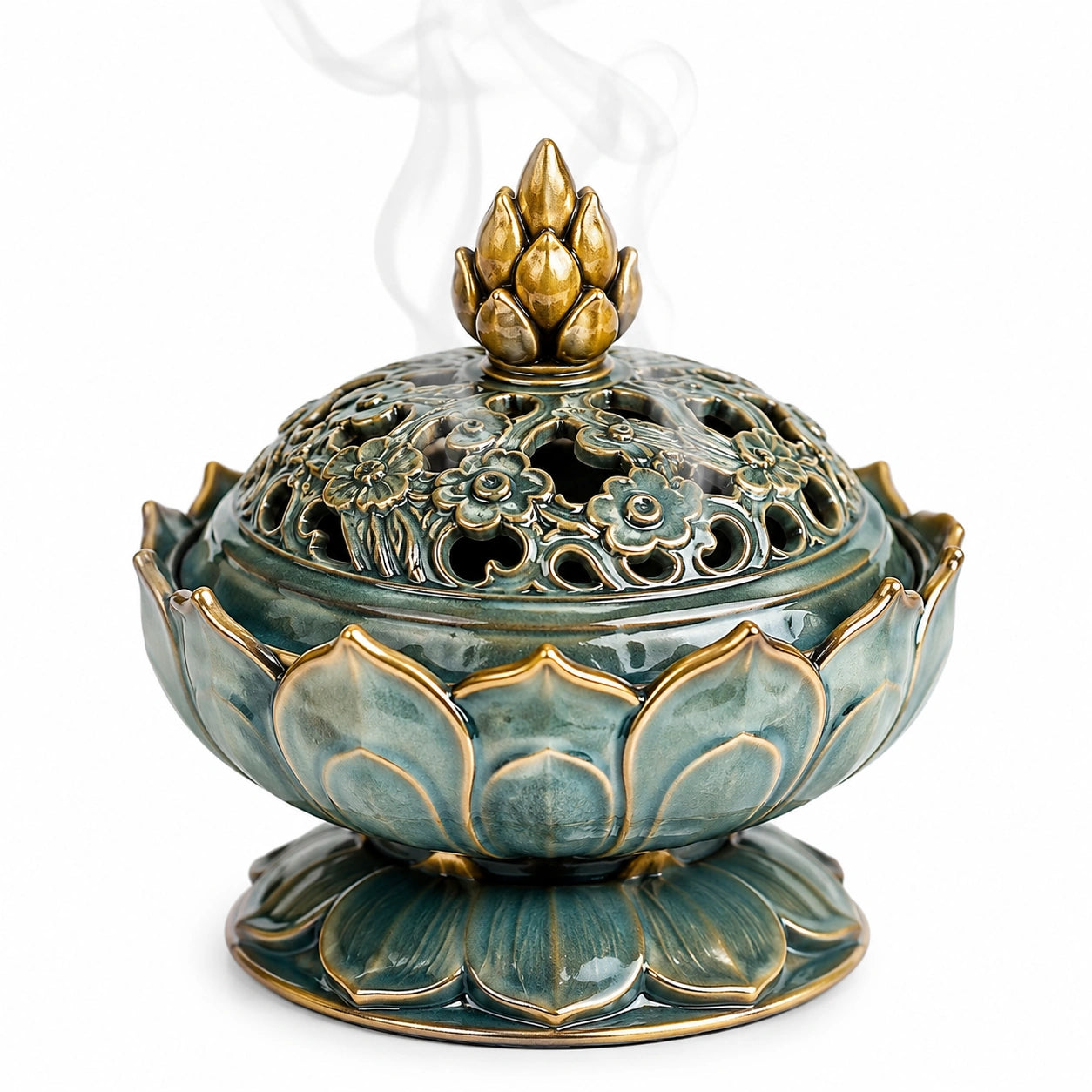 Räuchergefäß Lotus Design Grün/Gold mit Blumenornamenten