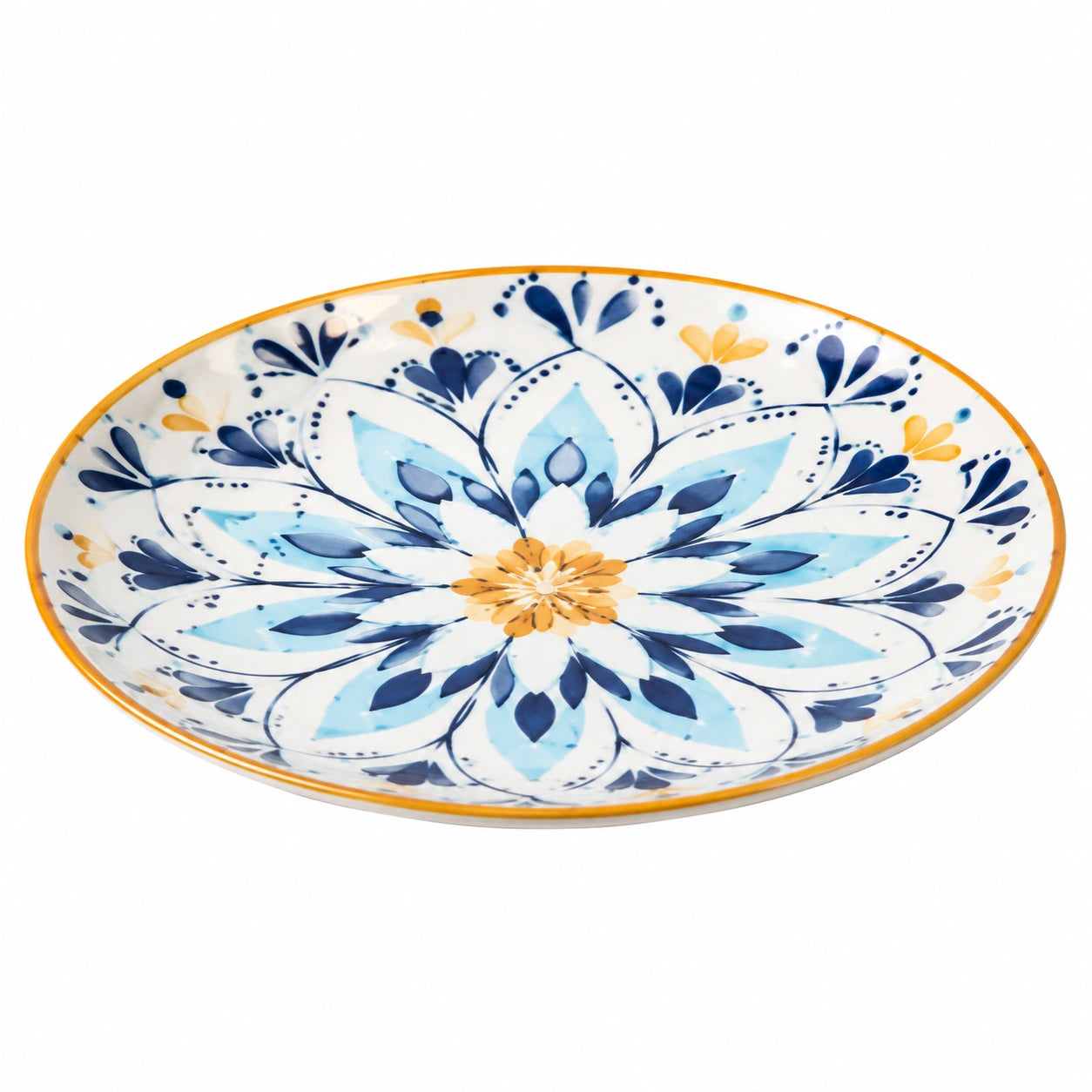Keramikteller mit Blumenmuster, 25cm, Blau und Gelb
