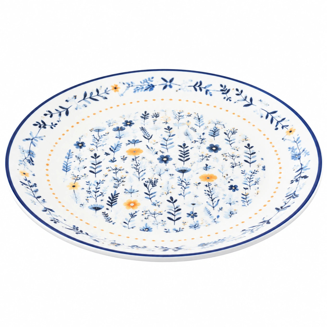 Keramikteller Rund 27cm mit Blumenmuster Blau/Weiß