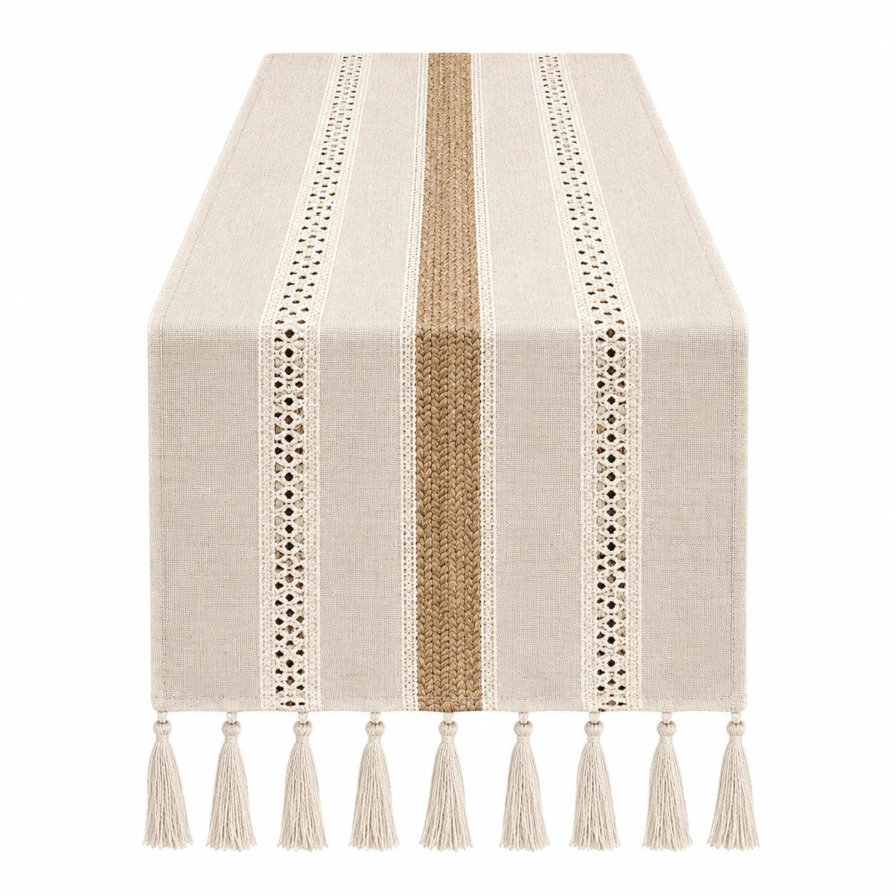 Tischläufer Beige mit Häkelstreifen und Fransen 180x33 cm